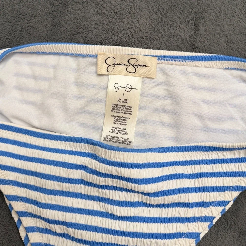 Jessica Simpson Bikini Set Womens M/L Blue White Excellent Striped Smocked Tie